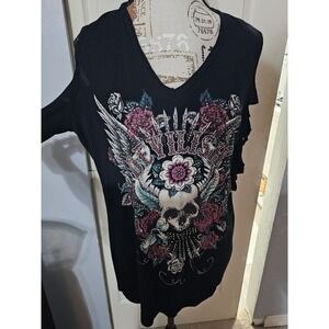 Liberty Wear Womens Black Devilish Skull Rose Rhinestone Shredded Sleeve Top XL